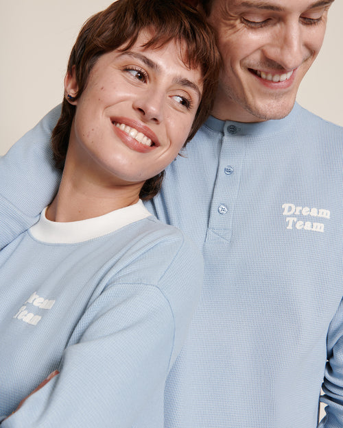 Le haut de pyjama Dream team femme en coton bio nid d'abeille - bleu - émoi émoi   - 4 