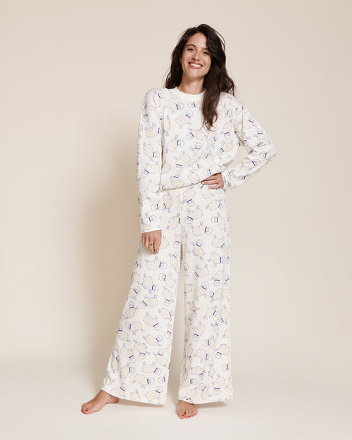 Le pyjama moutons de l'espace femme en coton bio nid d'abeille - blanc - émoi émoi   - 1 