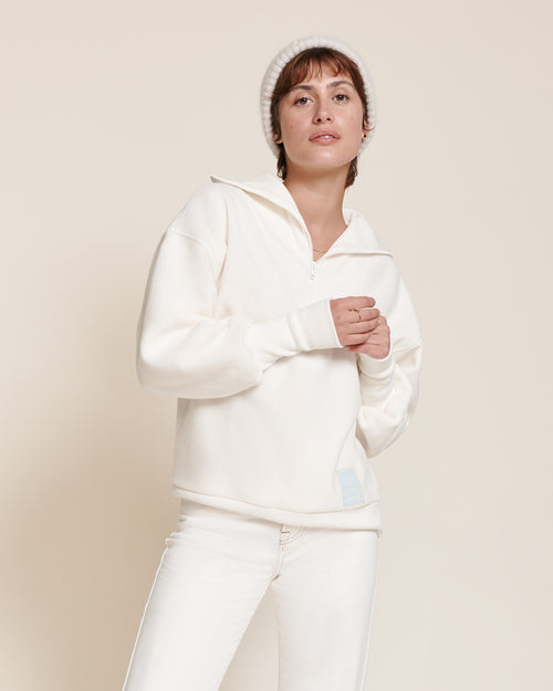 Le sweat Sunny en polaire recyclée et col zippé - blanc - émoi émoi   - 1 