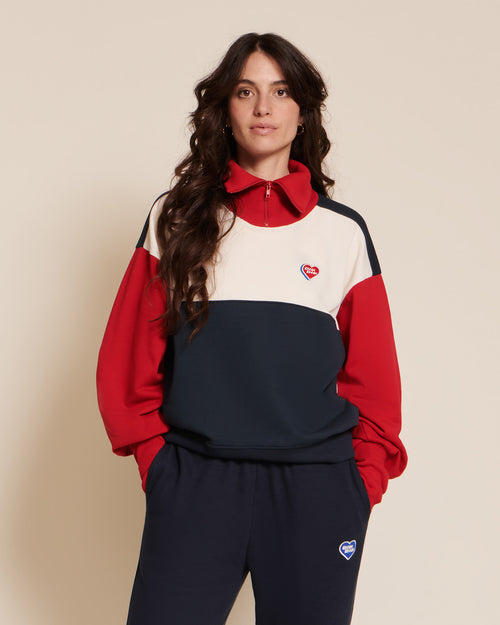 Le sweat Sundance en coton bio et col zippé - bleu / rouge - émoi émoi   - 1 