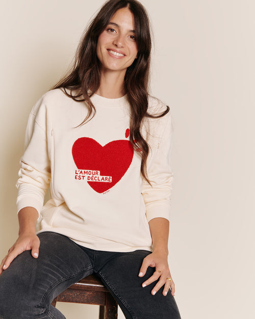 Le sweat d'allaitement l'amour est déclaré bouclette femme en coton bio - crème - émoi émoi   - 1 