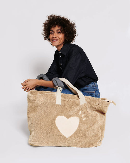 Le cabas Cœur en moumoute - beige - émoi émoi   - 1 