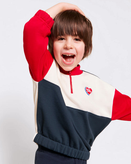 Le sweat Sonny en coton bio et col zippé - bleu / rouge - émoi émoi   - 1 