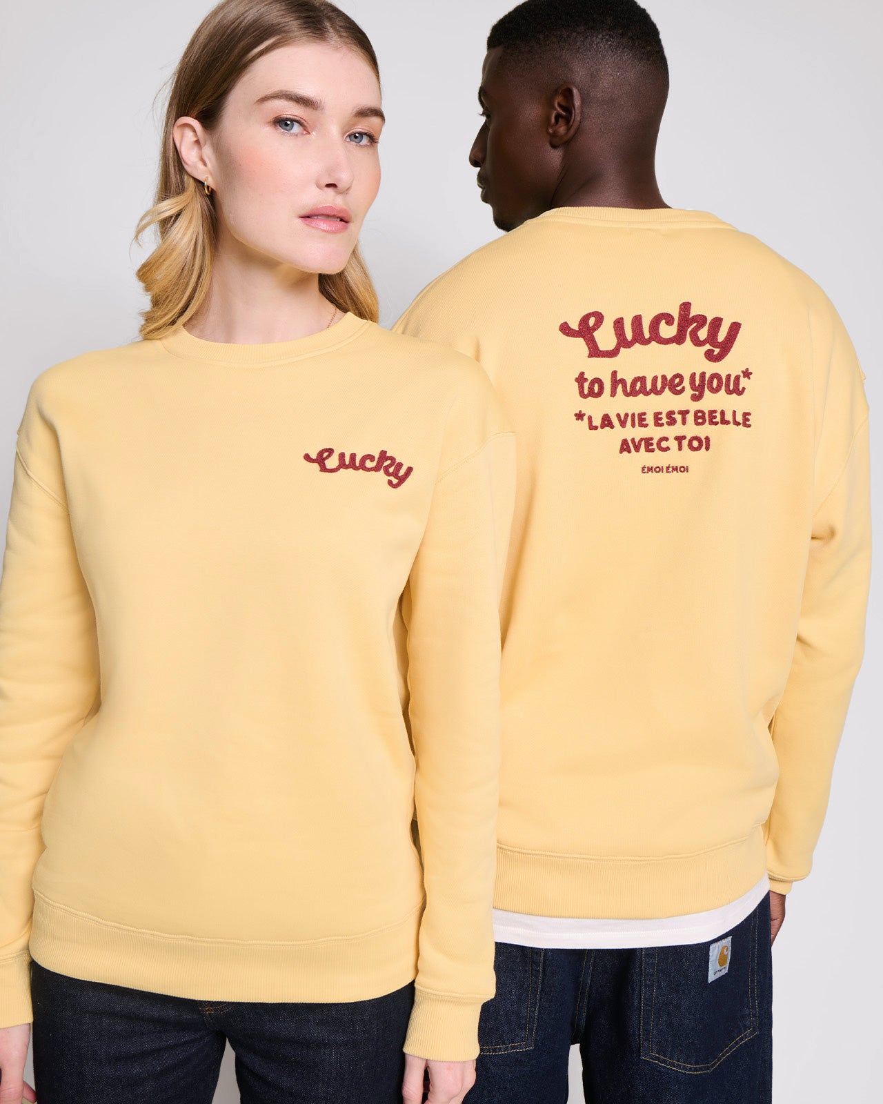 Le sweat Lucky to have you adulte en coton bio - jaune