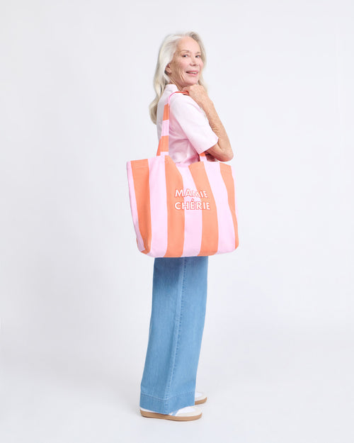 Le cabas brodé Mamie chérie - rayures orange et rose - émoi émoi   - 4 