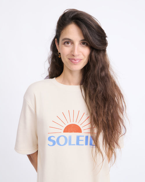 Le t-shirt Soleil femme en coton bio gaufré - crème - émoi émoi   - 1 
