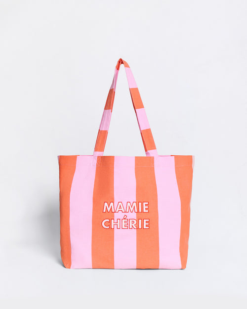 Le cabas brodé Mamie chérie - rayures orange et rose - émoi émoi   - 2 