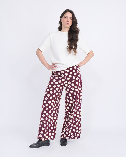Le pantalon Pauline en coton bio - Merlot flowers - émoi émoi   - 1 