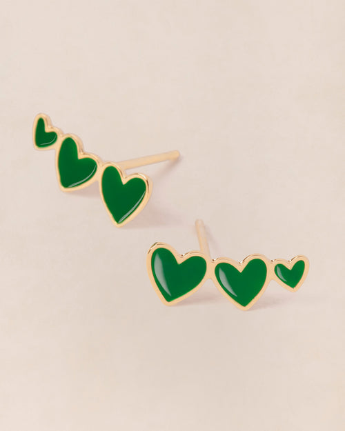 Les boucles d'oreilles Clarisse 3 cœurs verts - dorées à l'or fin 24 carats - émoi émoi   - 1 