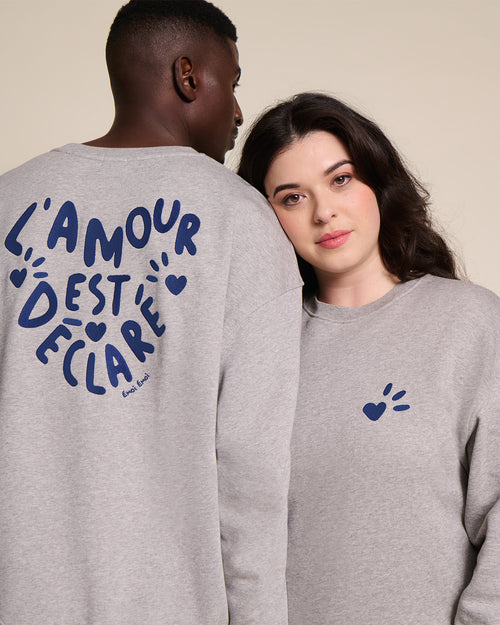 Le sweat L'amour est déclaré adulte en coton bio - gris chiné - émoi émoi   - 1 