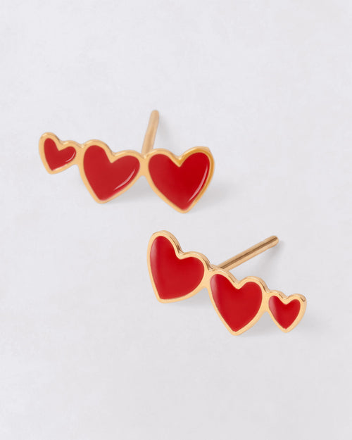 Les boucles d'oreilles Clarisse 3 cœurs rouges - dorées à l'or fin 24 carats - émoi émoi   - 1 