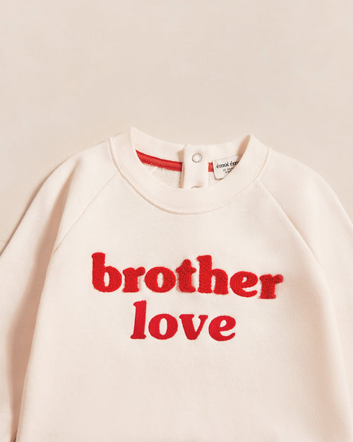 Le sweat brodé Brother love en coton bio - crème et rouge - émoi émoi   - 2 