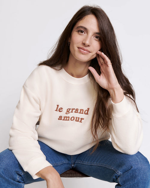 Le sweat Le grand amour femme en polaire recyclée - crème - émoi émoi   - 1 