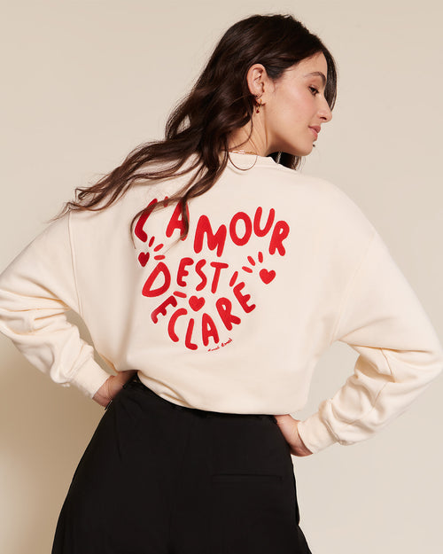 Le sweat L'amour est déclaré adulte en coton bio - crème / rouge - émoi émoi   - 1 