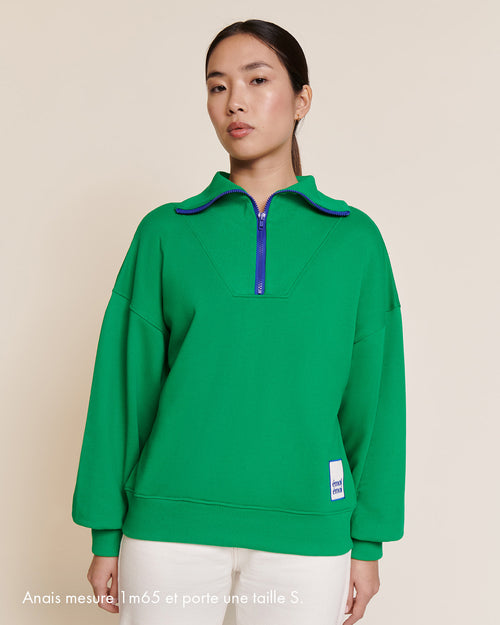 Le sweat Sunny en coton bio et col zippé - vert - émoi émoi   - 2 