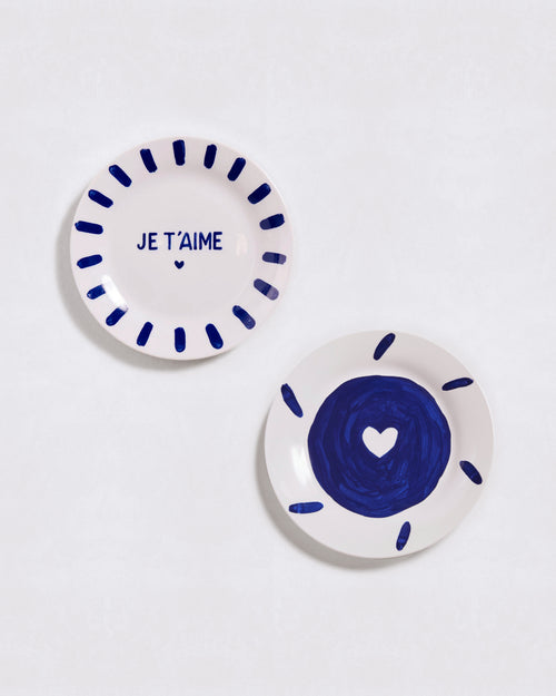 Le duo d'assiettes Je t'aime bleu en porcelaine - 19 cm - émoi émoi   - 1 