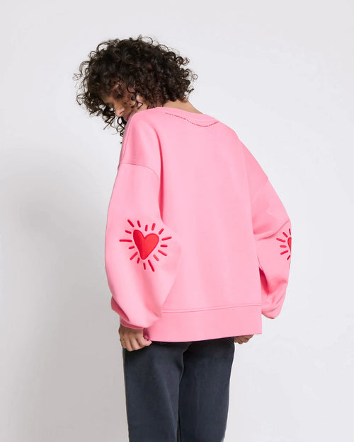 Le sweat Coeur solaire femme avec coudières en coton bio - rose - émoi émoi   - 1 