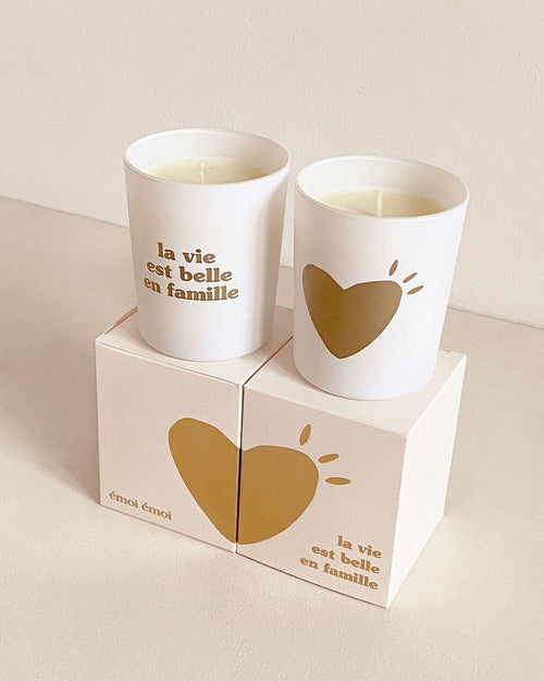La bougie La vie est belle en famille en cire végétale - senteur orange canelle - doré - émoi émoi   - 2 