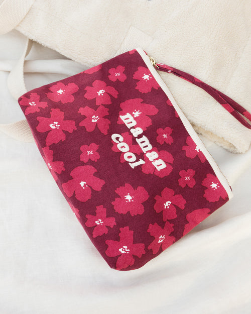 La pochette brodée Maman cool en coton bio - Anémones rhubarbes - émoi émoi   - 1 