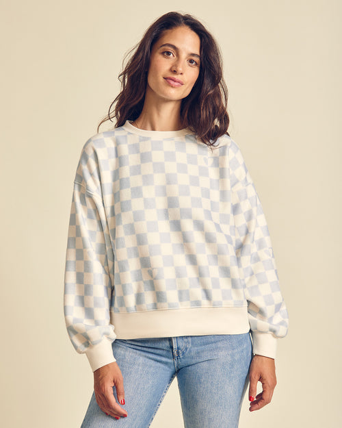 Le sweat Simone en polaire recyclée - damier bleu et crème - émoi émoi   - 1 