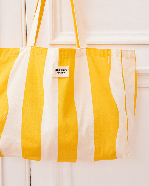 Le tote bag en coton bio rayé - jaune - émoi émoi   - 2 